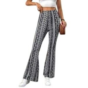 Attached Womens Boho Flare Leg Pants Black White Floral Medallion Bell Bottoms S